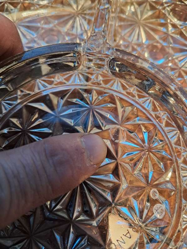 Vintage 1950's glass serving tray for posably dip and snacks has holder with handles