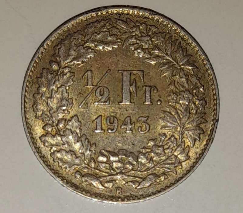 1943 Helvetia ½ Franc .835 fine Swiss silver