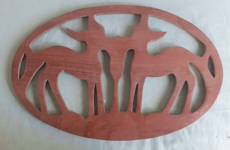 3 carved solid wooden plaques, bird, 2buck, goat