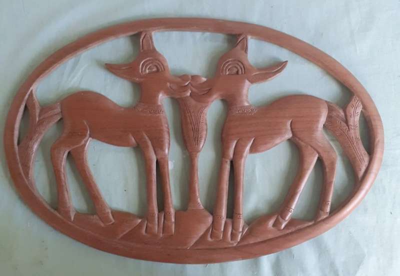 3 carved solid wooden plaques, bird, 2buck, goat