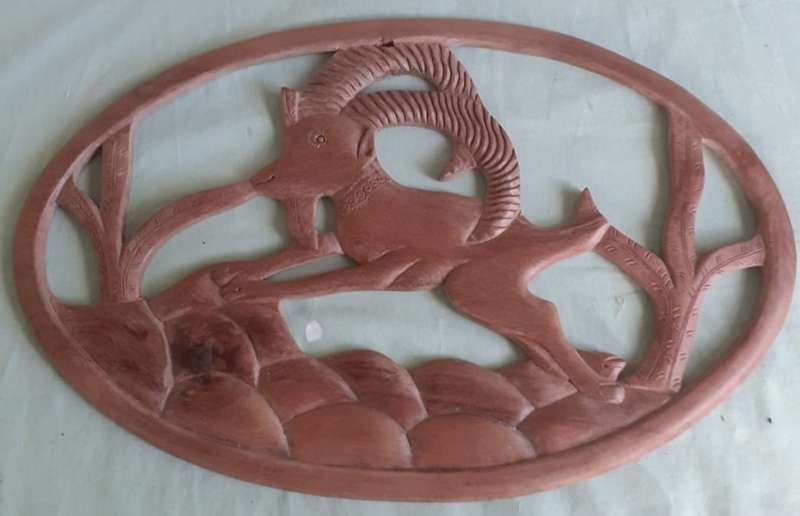 3 carved solid wooden plaques, bird, 2buck, goat