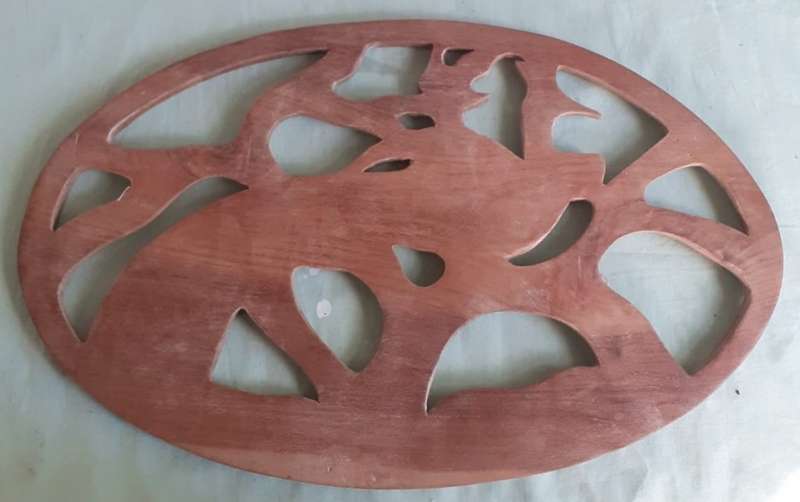 3 carved solid wooden plaques, bird, 2buck, goat
