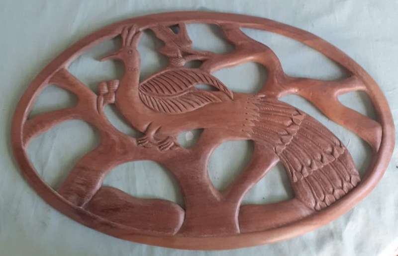 3 carved solid wooden plaques, bird, 2buck, goat