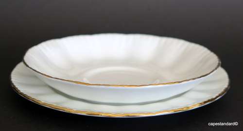 TEA SAUCER & CAKE/SIDE PLATE, PARAGON, WHITE PORCELAIN WITH GOLD TRIM