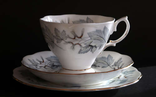 A ROYAL ALBERT 'SILVER MAPLE' ENGLISH PORCELAIN TEA TRIO