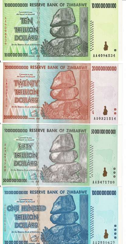 Crazy Low Start! Zimbabwe Trillion Dollar Note Set Uncirculated.