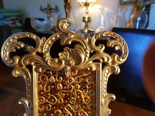Vintage Cast Iron Picture Frame with hand painted glass