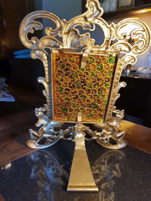 Vintage Cast Iron Picture Frame with hand painted glass