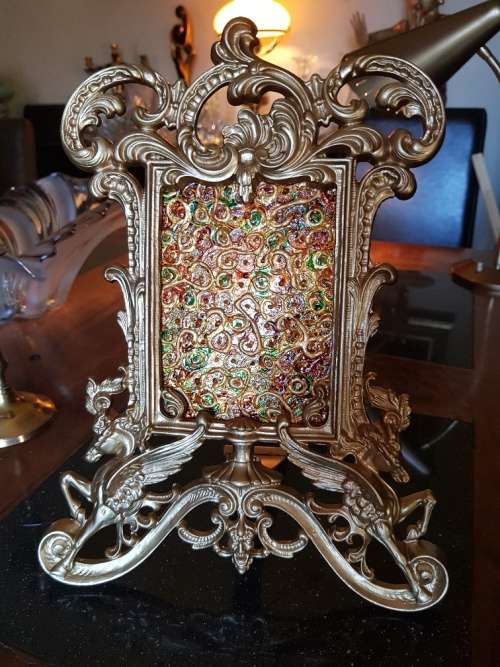 Vintage Cast Iron Picture Frame with hand painted glass
