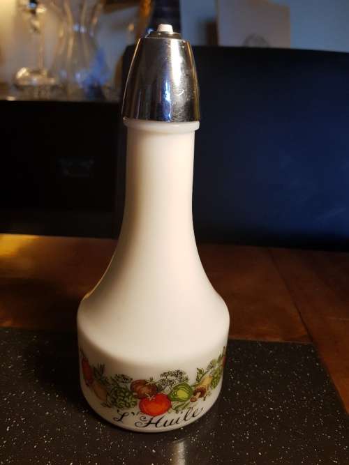Vintage Milk Glass Oil Decanter marked as such in French, by Gemco USA