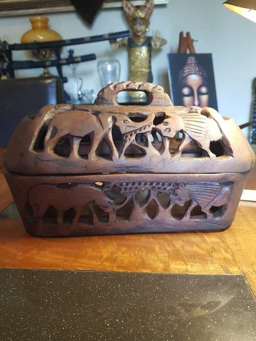 African Hand Carved Wooden Bread Basket with a Lid