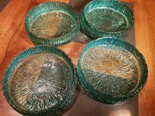 Unusual Set of 4 X Heavy Green/Turquoise Glass Bowls