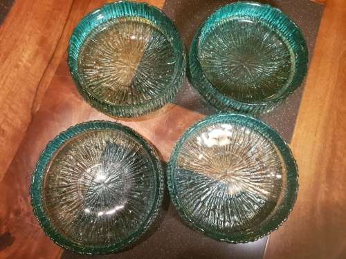 Unusual Set of 4 X Heavy Green/Turquoise Glass Bowls