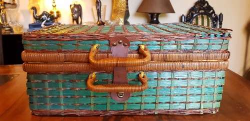 Vintage Picnic Basket Suitcase with Plates, Mugs and Cutlery