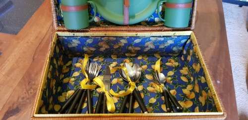 Vintage Picnic Basket Suitcase with Plates, Mugs and Cutlery