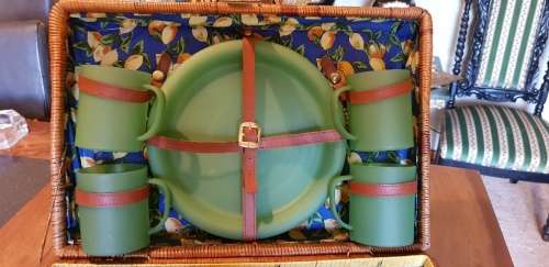 Vintage Picnic Basket Suitcase with Plates, Mugs and Cutlery