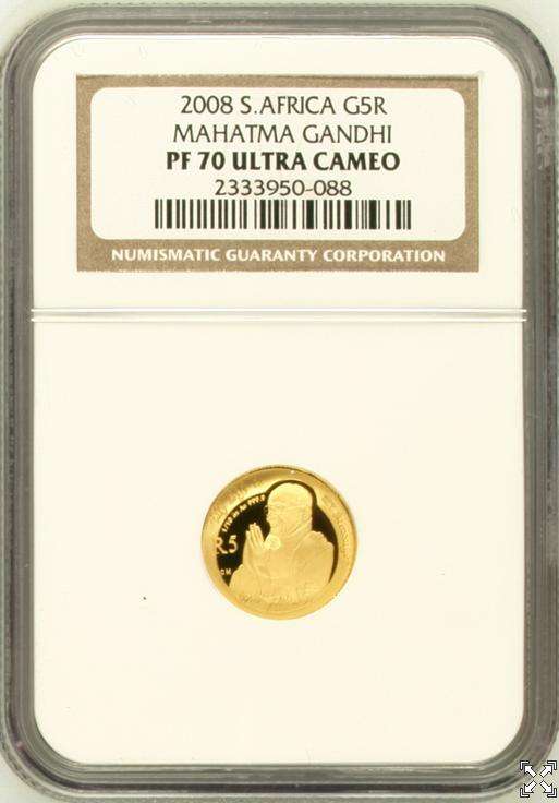 2008 MAHATMA GANDHI SA PROTEA SERIES GOLD 1/10TH R5  PF70 Ultra Cameo