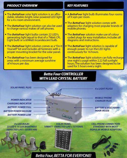 Solar Powered LED Four Light System and Cell Phone Charger