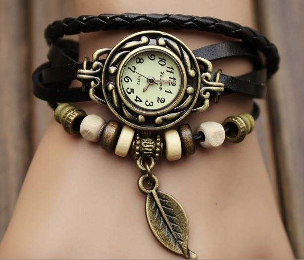 BLACK HIGH QUALITY WOMEN GENUINE LEATHER VINTAGE BRACELET WATCHES (LEAF)