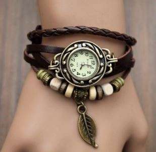 BROWN HIGH QUALITY WOMEN GENUINE LEATHER VINTAGE BRACELET WATCHES (LEAF)