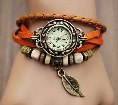 ORANGE HIGH QUALITY WOMENS GENUINE LEATHER VINTAGE BRACELET WATCH (LEAF)