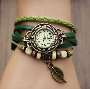 GREEN HIGH QUALITY WOMEN GENUINE LEATHER VINTAGE BRACELET WATCHES (LEAF)