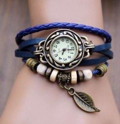 BLUE HIGH QUALITY WOMENS GENUINE LEATHER VINTAGE BRACELET WATCH (LEAF)