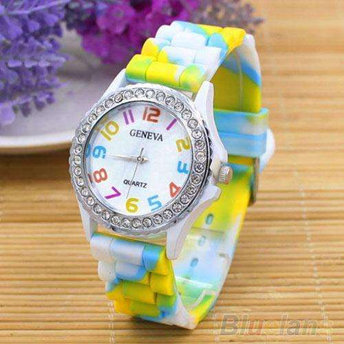 Women's Geneva Rhinestone Inlaid Case Rainbow Color Silicon Band Wrist Watch