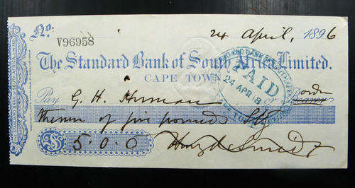 Standard Bank of South Africa Cheque. Cape Town. 24th April 1896