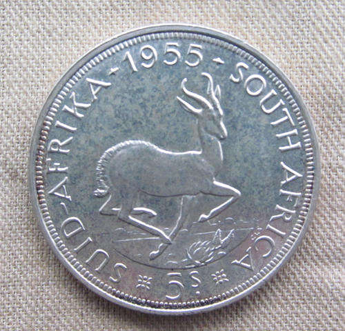 South African Silver 1955. five shillings/crown. SS. Prooflike.  Rare