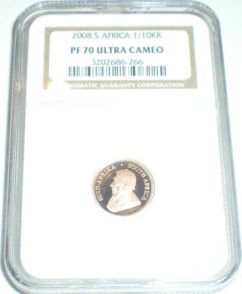 HIGHEST GRADE KRUGERRAND 2008  ONE/ TENTH PROOF 70 ULTRA CAMEO FLAWLESS