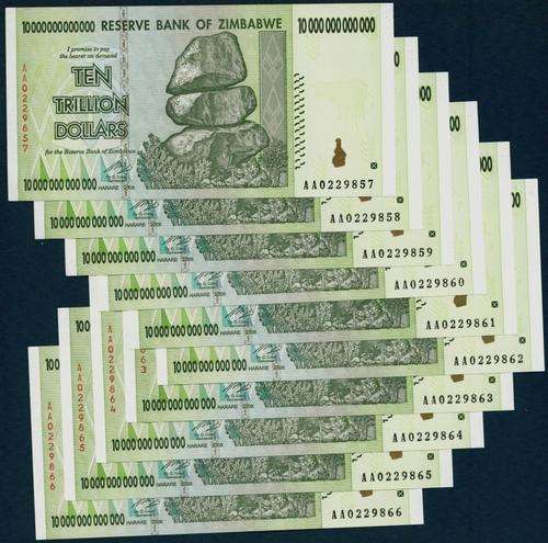10 x Zimbabwe $10 Trillion Notes. Uncirculated, Pristine! AA Prefix