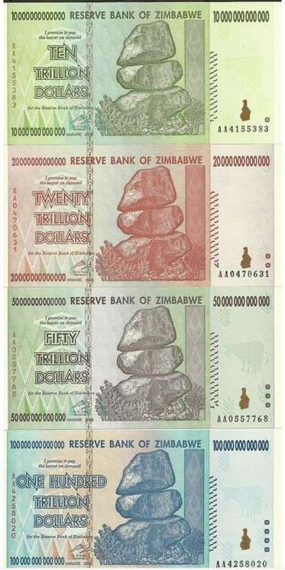 Zimbabwe 10, 20, 50 & 100 Trillion Dollar Sets AA Prefix UNC