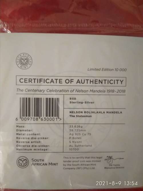 2018 MANDELA CENTENARY R50 STERLING SILVER PROOF COIN