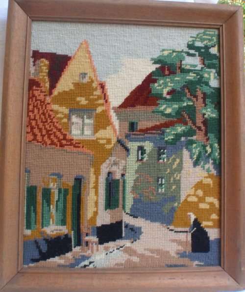 VINTAGE - LOVELY TAPESTRY OF VILLAGE STREET - VERY ARTY, IN NATURAL WOOD FRAME