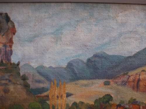 VINTAGE - LOVELY OLD ORIGINAL LANDSCAPE OF HILLS & AFRICAN HUTS - FRAMED READY TO HANG!