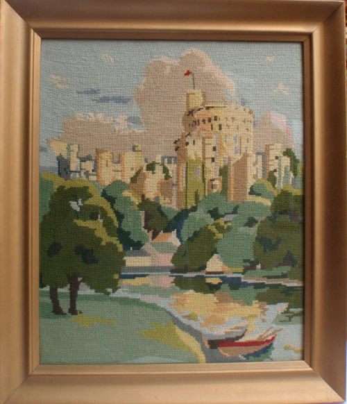 VINTAGE - REALLY BEAUTIFUL TAPESTRY OF `WINDSOR CASTLE` SOFT GOLD FRAME - NEEDLE ART AT ITS BEST