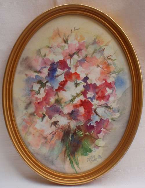 BEAUTIFUL ORIGINAL WATERCOLOUR 'SWEET PEAS' IN LOVELY OVAL GOLD FRAME - GOOD PRICE!!!