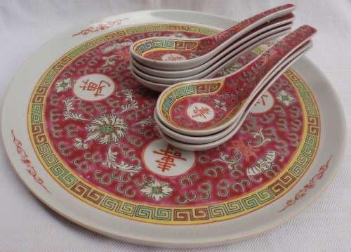 CHINESE - BEAUTIFUL HAND PAINTED LARGE PLATTER WITH SEVEN SPOONS - GORGEOUS!