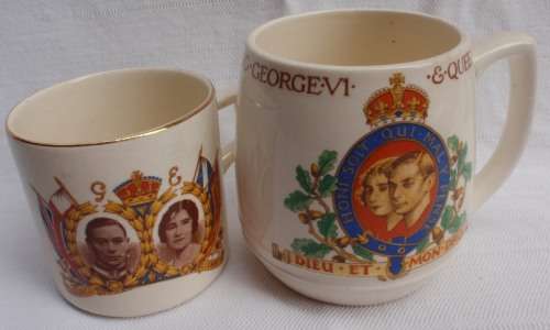 VINTAGE - 1937 & 1947 TWO MUGS - KING GEORGE & QUEEN ELIZABETH, CORONATION & VISIT TO S.A. - COLLECT