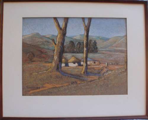 VINTAGE - LOVELY ORIGINAL PASTEL ART - AFRICAN LANDSCAPE WITH HUTS - WELL FRAMED - BARGAIN