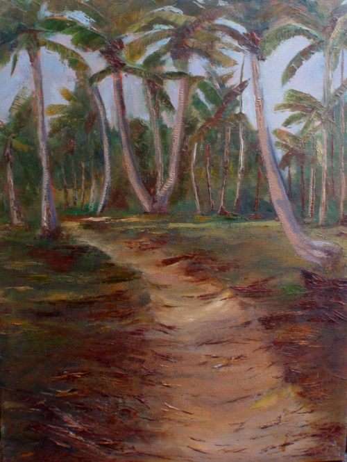 TROPICAL ORIGINAL OIL PAINTING `PALMS` ON CANVAS - PALETTE KNIFE FINISH - RICH COLOURS