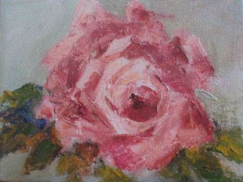 ORIGINAL OIL PAINTING - 'SINGLE ROSE' SOFTEST PINK ON SOFTEST GREEN BACKGROUND - VERY PRETTY!!!