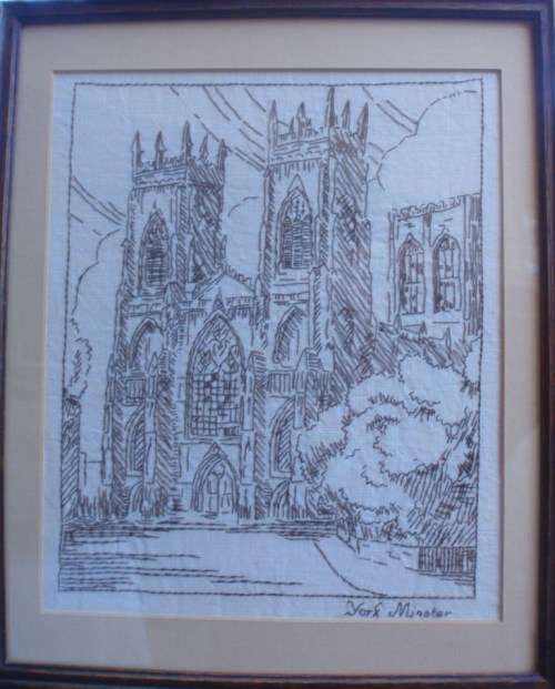 VINTAGE: CLASSIC HAND EMBROIDERED ON LINEN `YORK MINSTER` - BEAUTIFULLY FRAMED