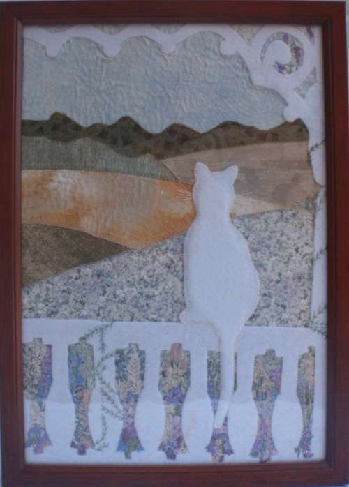 BEAUTIFUL - PATCHWORK, EMBROIDERY `CAT ON PORCH` TASTEFULLY FRAMED - VERY CUTE