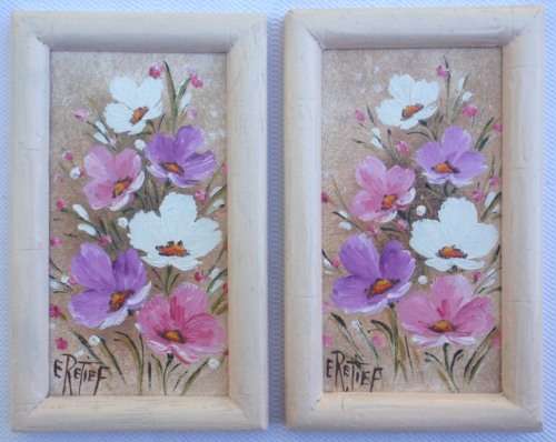 VINTAGE: TWO BEAUTIFUL MINIATURE PAINTINGS OF 'COSMOS' by E.RETIEF - LOVELY ORIGINALS!!!