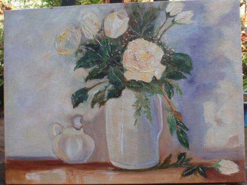 GORGEOUS ORIGINAL OIL PAINTING 'DELICATE WHITE ROSES' ON CANVAS ON STRETCHER FRAME - READY TO HANG!