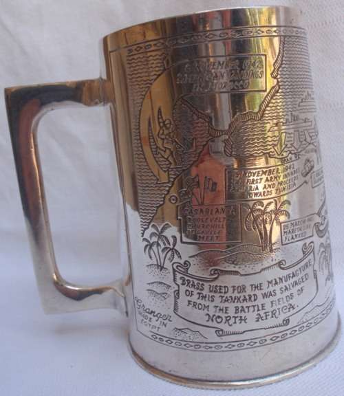 WAR TANKARD - MADE FROM BRASS FROM BATTLE FIELDS OF NORTH AFRICA - HAND ENGRAVED WITH BATTLE DETAILS