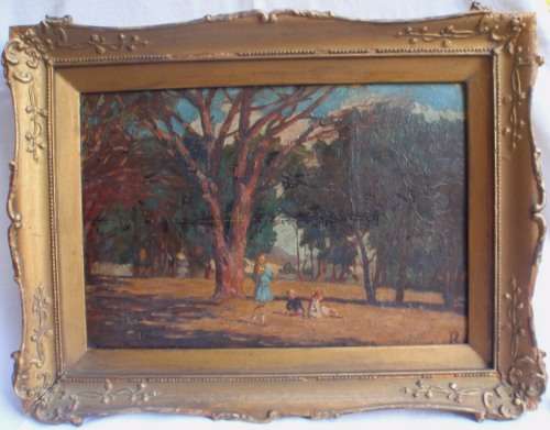 ANTIQUE OIL PAINTING - 'CHILDREN IN THE PARK' VERY OLD & DAMAGED - BUT REALLY LOVELY AND INTERESTING