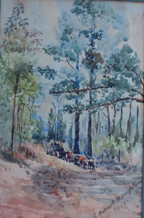 ANTIQUE WATERCOLOUR - by C.HOBART HOUGHTON dated 1919.  FOREST SCENE WITH TEAM OF OXEN - BARGAIN!!!